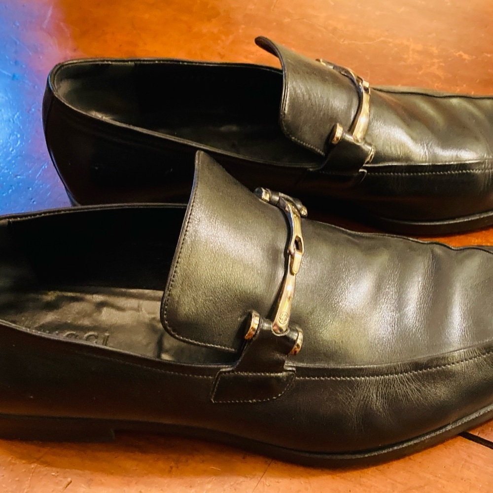 Classic Italian Gucci gloss black leather silver horse bit square toe loafers - Picture 7 of 11